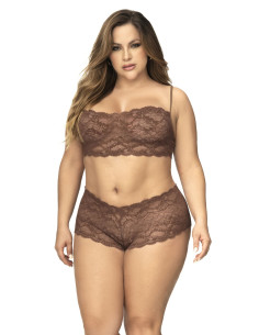 Ensemble 2 pièces en dentelle grande taille, top à bretelles et shorty couleur cacao - MAL206XCOCO 2