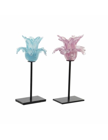 Bougeoir DKD Home Decor Bleu Rose Métal Verre 12 x 12 x 24 cm (2 Unités)