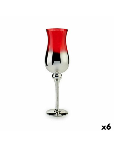 Bougeoir Verre Rouge Argenté 14 x 45 x 14 cm (6 Unités)