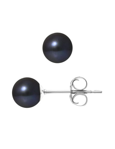 PERLINEA- Boucles d'Oreilles- Perles de Culture d'Eau Douce Ronde 6-7  mm Black Tahiti- Bijou Femme