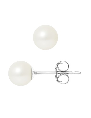 PERLINEA- Boucles d'Oreilles- Perles de Culture d'Eau Douce Ronde 6-7  mm Blanc- Bijou Femme