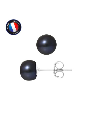 PERLINEA- Boucle d'Oreilles- Perles de Culture d'Eau Douce Bouton 7-8 mm Black Tahiti- Bijou Femme- Or Blanc