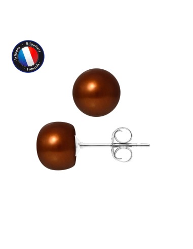 PERLINEA- Boucle d'Oreilles- Perles de Culture d'Eau Douce Bouton 8-9 mm Chocolat- Bijou Femme- Or Blanc