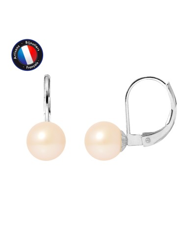 PERLINEA- Boucle d'Oreilles - Perles de Culture d'Eau Douce Ronde 7-8 mm Rose- Bijou Femme- Or Blanc