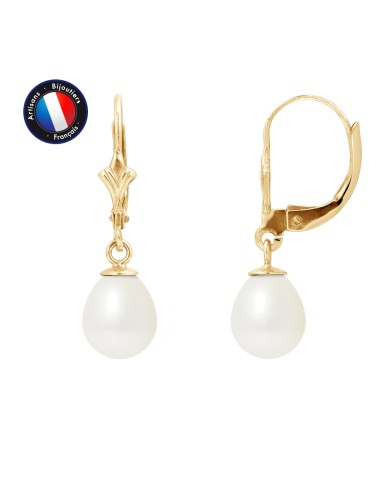 PERLINEA- Boucle d'Oreilles - Perles de Culture d'Eau Douce- Diamètre 7-8 mm Blanc- Bijou Femme- OrJaune