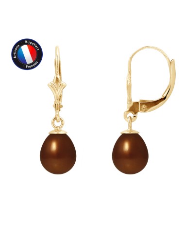 PERLINEA- Boucle d'Oreilles - Perles de Culture d'Eau Douce- Diamètre 7-8 mm Chocolat- Bijou Femme- OrJaune