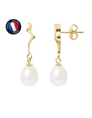 PERLINEA- Boucle d'Oreilles- Perles de Culture d'Eau Douce- Diamètre 8-9 mm Blanc- Bijou Femme- OrJaune