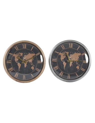 Horloge Murale DKD Home Decor Verre Argenté Noir Doré Fer Mappemonde (46 x 6,5 x 46 cm)