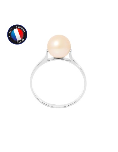 PERLINEA- Bague- Perles de Culture d'Eau Douce- Ronde Diamètre 7-8 mm Rose- Taille 48 (EU)- Bijou Femme- Or Blanc