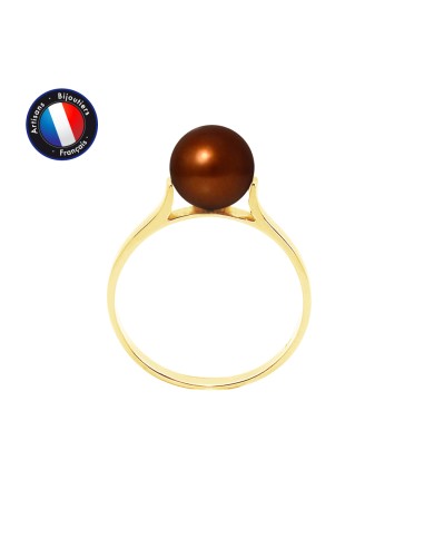 PERLINEA- Bague- Perles de Culture d'Eau Douce- Ronde Diamètre 7-8 mm Chocolat- Taille 48 (EU)- Bijou Femme- OrJaune