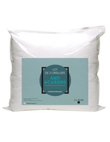 Lot de 2 oreillers Microfibre Anti-Acariens 60x60cm