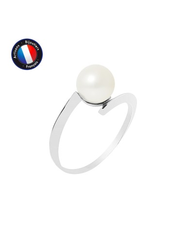 PERLINEA- Bague- Perles de Culture d'Eau Douce- Ronde Diamètre 7-8 mm Blanc- Taille 48 (EU)- Bijou Femme- Or Blanc