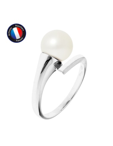 PERLINEA- Bague- Perles de Culture d'Eau Douce- Ronde Diamètre 8-9 mm Blanc- Taille 48 (EU)- Bijou Femme- Or Blanc