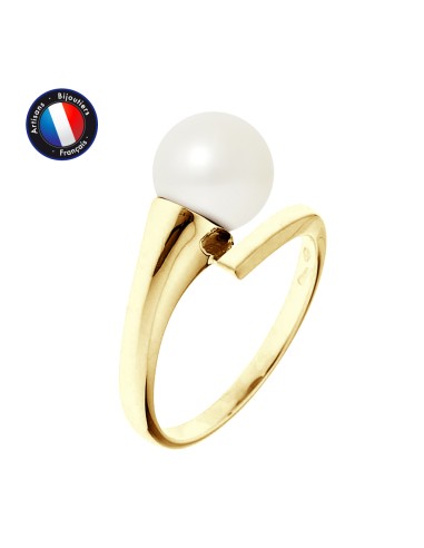 PERLINEA- Bague- Perles de Culture d'Eau Douce- Ronde Diamètre 8-9 mm Blanc- Taille 48 (EU)- Bijou Femme- OrJaune