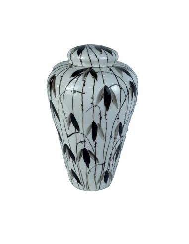 Potiche DKD Home Decor Porcelaine Noir Blanc Oriental Feuille d'une plante (23 x 23 x 33 cm)