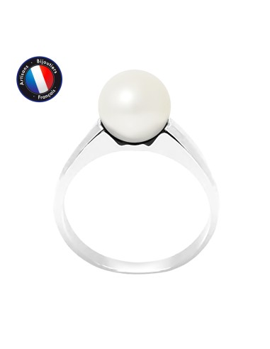 PERLINEA- Bague- Perles de Culture d'Eau Douce- Ronde Diamètre 8-9 mm Blanc- Taille 48 (EU)- Bijou Femme- Or Blanc