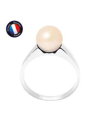 PERLINEA- Bague- Perles de Culture d'Eau Douce- Ronde Diamètre 8-9 mm Rose- Taille 48 (EU)- Bijou Femme- Or Blanc  