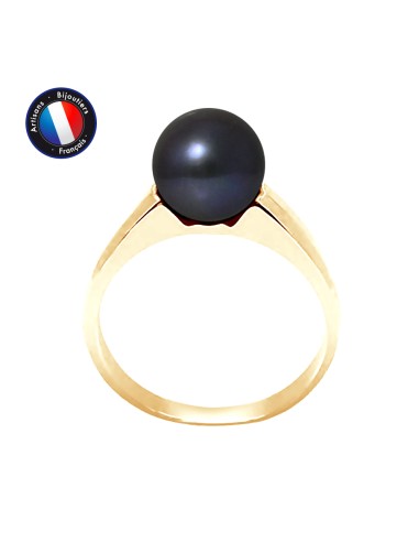 PERLINEA- Bague- Perles de Culture d'Eau Douce- Ronde Diamètre 8-9 mm Black Tahiti- Taille 48 (EU)- Bijou Femme- OrJaune