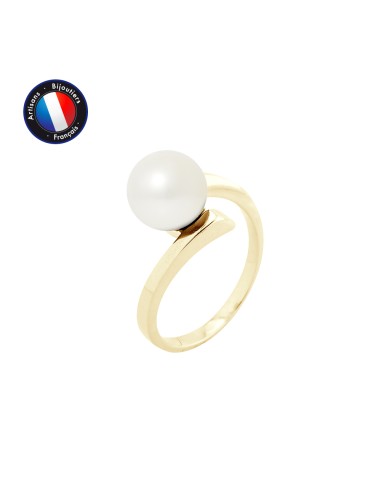 PERLINEA- Bague- Perles de Culture d'Eau Douce- Ronde Diamètre 8-9 mm Blanc- Taille 48 (EU)- Bijou Femme- OrJaune  