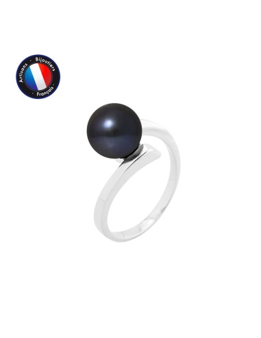 PERLINEA- Bague- Perles de Culture d'Eau Douce- Ronde Diamètre 8-9 mm Black Tahiti- Taille 48 (EU)- Bijou Femme- Or Blanc  