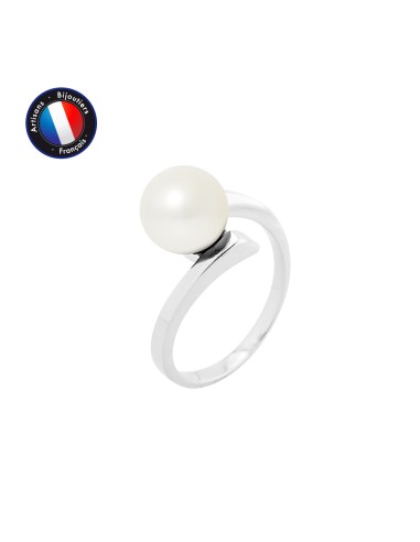 PERLINEA- Bague- Perles de Culture d'Eau Douce- Ronde Diamètre 8-9 mm Blanc- Taille 48 (EU)- Bijou Femme- Or Blanc