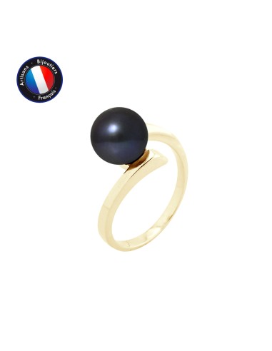 PERLINEA- Bague- Perles de Culture d'Eau Douce- Ronde Diamètre 8-9 mm Black Tahiti- Taille 48 (EU)- Bijou Femme- OrJaune  