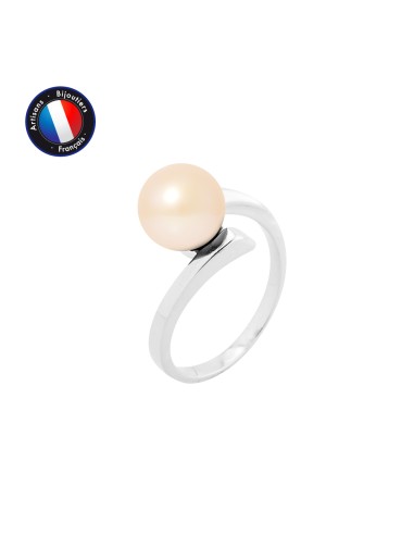 PERLINEA- Bague- Perles de Culture d'Eau Douce- Ronde Diamètre 8-9 mm Rose- Taille 48 (EU)- Bijou Femme- Or Blanc