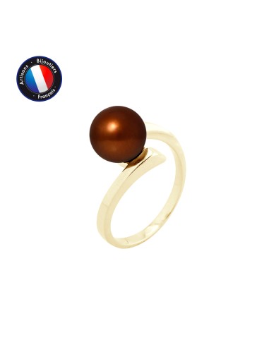 PERLINEA- Bague- Perles de Culture d'Eau Douce- Ronde Diamètre 8-9 mm Chocolat- Taille 48 (EU)- Bijou Femme- OrJaune