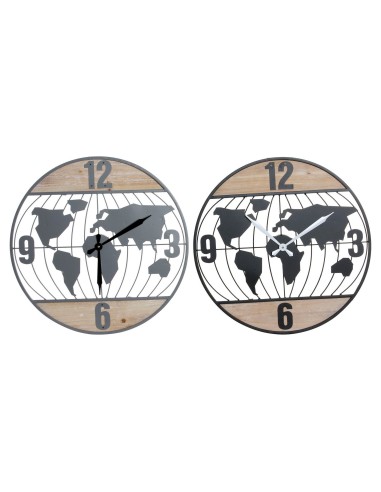 Horloge Murale DKD Home Decor Noir Gris Fer Bois MDF Mappemonde (2 pcs) (60 x 4.5 x 60 cm)