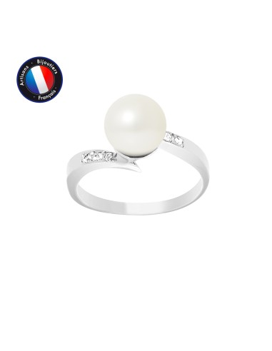 PERLINEA- Bague- Perles de Culture d'Eau Douce- Ronde Diamètre 8-9 mm Blanc- Taille 48 (EU)- Bijou Femme- Or Blanc- Dimants