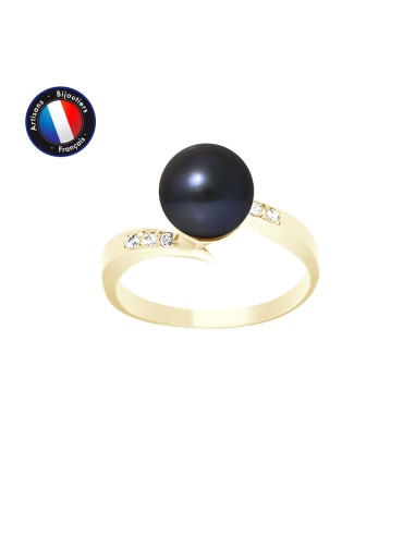 PERLINEA- Bague- Perles de Culture d'Eau Douce- Ronde Diamètre 8-9 mm Black Tahiti- Taille 48 (EU)- Bijou Femme- OrJaune- Dima