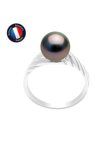 PERLINEA- Bague- Perles de Culture de Tahiti- Ronde Diamètre 8-9 mm- Taille 48 (EU)- Bijou Femme- Or Blanc