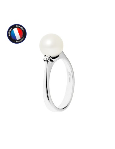 PERLINEA- Bague- Perles de Culture d'Eau Douce- Ronde Diamètre 8-9 mm Blanc- Taille 48 (EU)- Bijou Femme- Or Blanc- Dimants