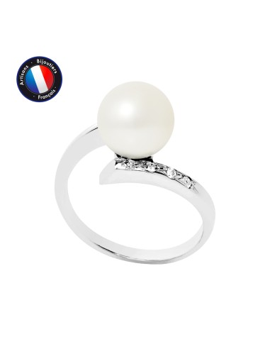 PERLINEA- Bague- Perles de Culture d'Eau Douce- Ronde Diamètre 8-9 mm Blanc- Taille 48 (EU)- Bijou Femme- Or Blanc- Dimants