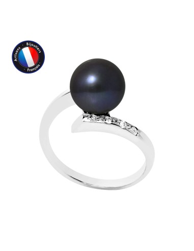 PERLINEA- Bague- Perles de Culture d'Eau Douce- Ronde Diamètre 8-9 mm Black Tahiti- Taille 48 (EU)- Bijou Femme- Or Blanc- Dim