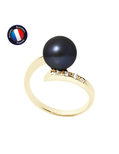 PERLINEA- Bague- Perles de Culture d'Eau Douce- Ronde Diamètre 8-9 mm Black Tahiti- Taille 48 (EU)- Bijou Femme- OrJaune- Dima