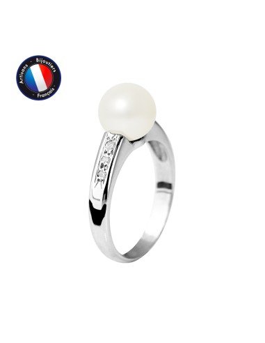 PERLINEA- Bague- Perles de Culture d'Eau Douce- Ronde Diamètre 8-9 mm Blanc- Taille 48 (EU)- Bijou Femme- Or Blanc- Dimants