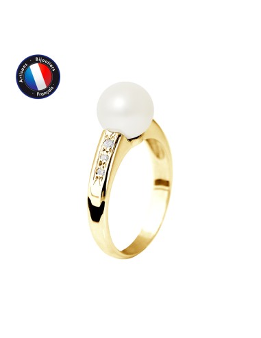 PERLINEA- Bague- Perles de Culture d'Eau Douce- Ronde Diamètre 8-9 mm Blanc- Taille 48 (EU)- Bijou Femme- OrJaune- Dimants