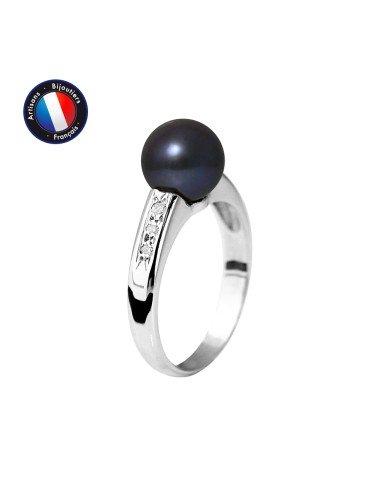 PERLINEA- Bague- Perles de Culture d'Eau Douce- Ronde Diamètre 8-9 mm Black Tahiti- Taille 48 (EU)- Bijou Femme- Or Blanc- Dim