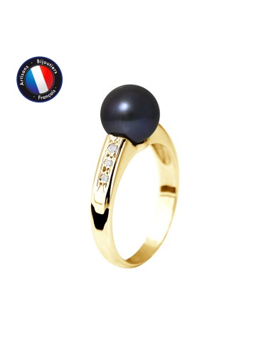 PERLINEA- Bague- Perles de Culture d'Eau Douce- Ronde Diamètre 8-9 mm Black Tahiti- Taille 48 (EU)- Bijou Femme- OrJaune- Dima