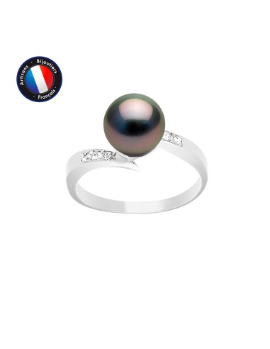 PERLINEA- Bague- Perles de Culture de Tahiti- Ronde Diamètre 8-9 mm- Taille 48 (EU)- Bijou Femme- Or Blanc- Diamants