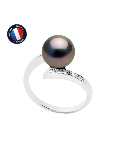 PERLINEA- Bague- Perles de Culture de Tahiti- Ronde Diamètre 8-9 mm- Taille 48 (EU)- Bijou Femme- Or Blanc- Diamants