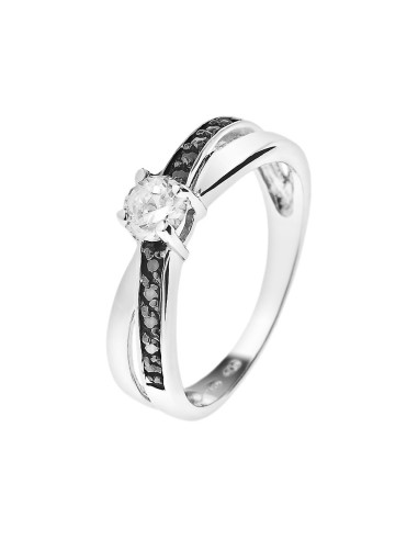 Bague Solitaire  Croisée  Argent 925 Millièmes Rhodié  Oxydes de Zirconium Blancs et Noirs